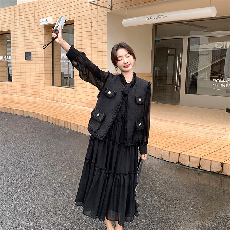 法式小香风流苏马甲连衣裙两件套女春秋新款轻熟风白色气质长裙子,女装套装/套裙,纯色衣恋