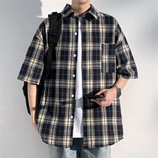 特批P25无差价夏季新款百搭休闲格子翻领短袖宽松衬衫男CD5504，男装衬衫，电商A001-1