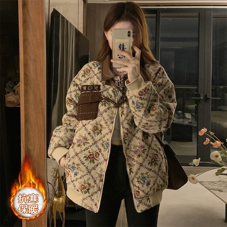 潮加厚复古牛角皮扣碎花棉女2025冬新款设计感棉服C537-120图片