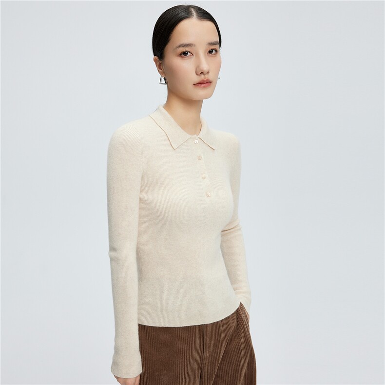 2025舒适百搭秋冬新款polo纽扣长袖打底修身,女装羊绒衫,玛卡隆羊绒