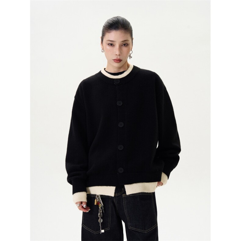 1506/QYM1890/P64氛围感纽扣设计假两件冬季简约宽松针织开衫外套,女装短外套,星座1506
