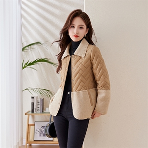 羊羔毛拼接轻薄羽绒棉服女2024冬新款时尚菱格夹棉保暖棉服小棉袄图片