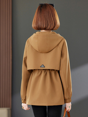 2025春季新款时尚休闲修身百搭抽绳收腰拉链口袋贴标连帽短外套，女装短外套，靓衣阁