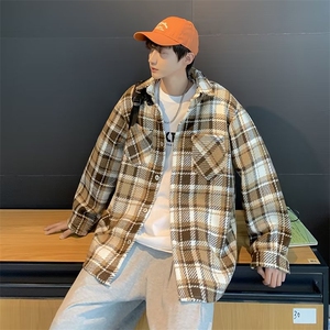 外套男毛呢格子日系秋冬季复古宽松加厚衬衫工装夹克衬衣C28-P63图片