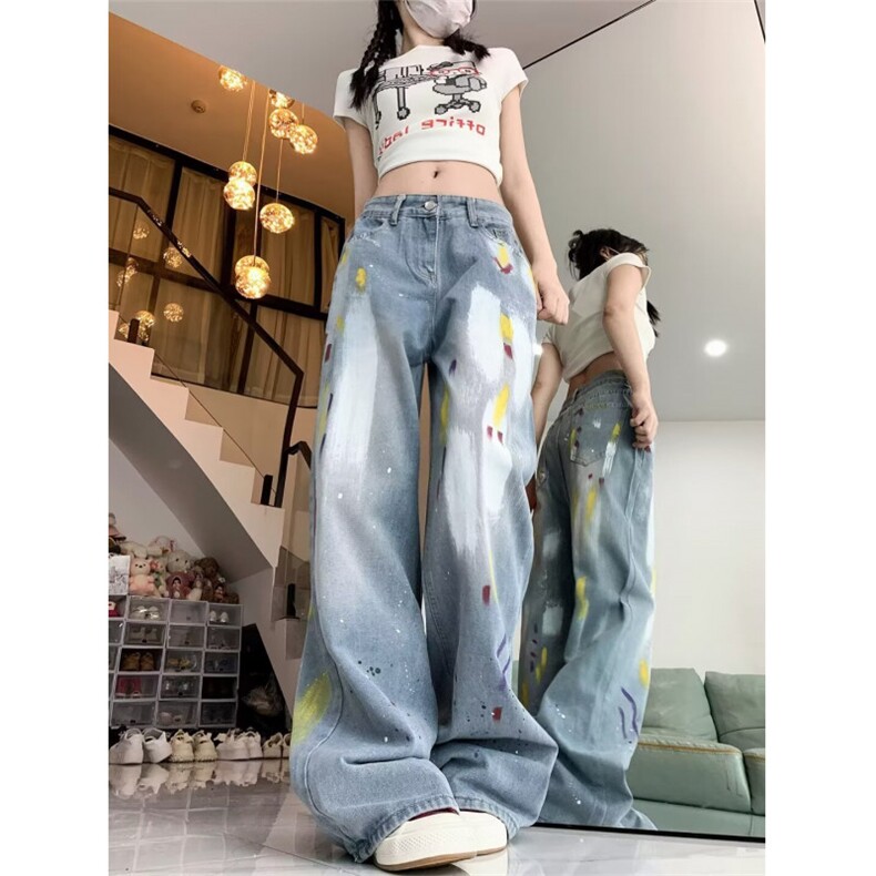 美式复古辣妹牛仔裤女2025春秋新款设计感涂鸦直筒阔腿拖地长裤子,男装牛仔裤,星座506A