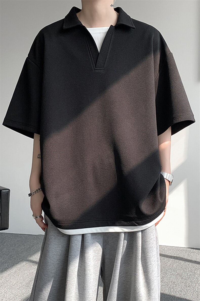 8XL-M假两件V领短袖t恤男夏翻领半袖宽松重磅华夫格大码DT001P40,男装T恤,电商B312