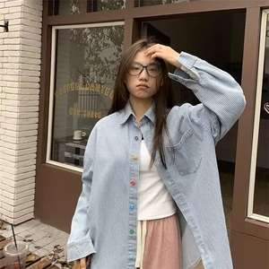 韩系小清新减龄撞色条纹衬衫男女春秋独特别致彩色扣休闲衬衣,韩系衬衫男秋季搭配图片