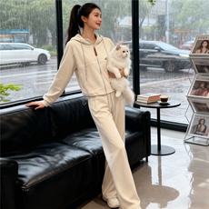 设计高级感休闲运动套装女春季新款气质减龄连帽卫衣阔腿裤两件套，女装套装/套裙，江南