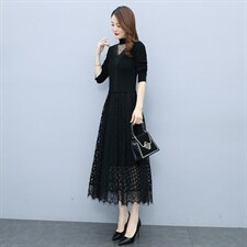 2023秋季半高领镂空线衣配蕾丝长款打底连衣裙，女装连衣裙，安之芮娜