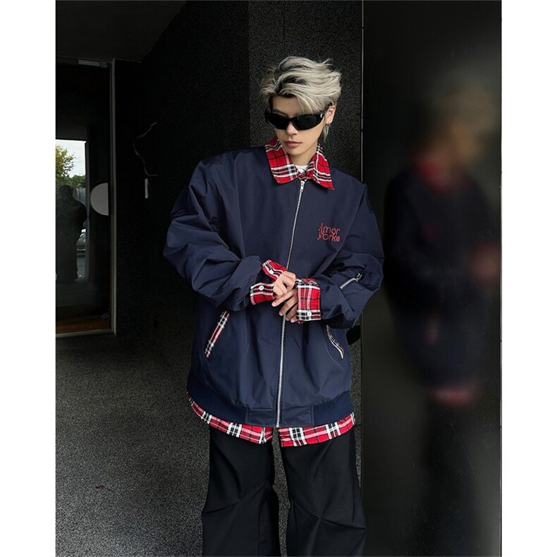 美式复古格子拼接翻领夹克男春秋季潮牌宽松小众假两件棒球服外套,男装夹克,星座302B-3