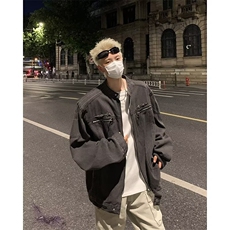 做旧水洗垫肩短款拼接牛仔外套潮牌金属设计感无领夹克男8840/P75，男装工装外套，星座506
