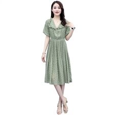 2021年夏季雪纺套头V领碎花松紧腰短袖中长款连衣裙，女装连衣裙，依如秀(原杭风阁)