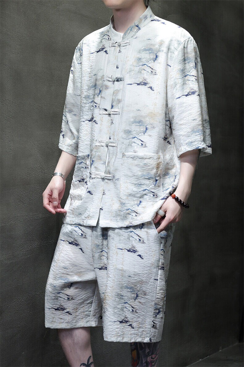 2025春季新款男风冰丝唐装民族风印花套装短袖+短裤A113-P80,男装休闲套装,电商B277(原6028)