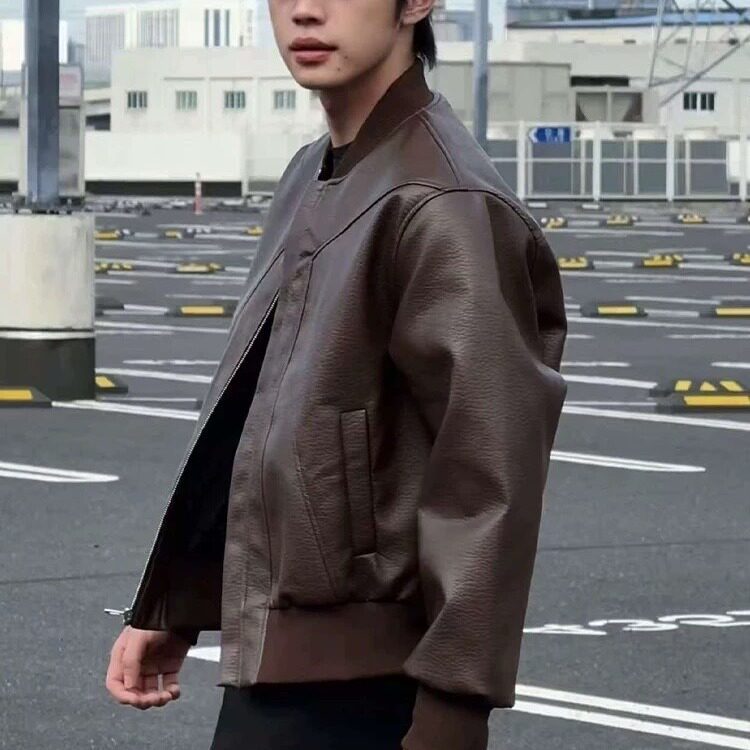 J515-P73男士棒球领短款皮衣夹克2025春秋季新款时尚休闲,男装夹克,电商B323A