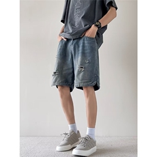 破洞牛仔短裤男夏季薄款美式高街直筒裤痞帅休闲五分裤S2322-P40，男装牛仔裤，星座1008