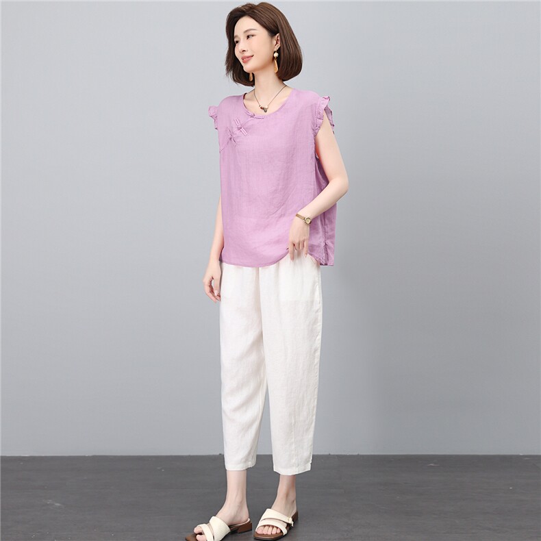 棉麻套装女2026夏季新款中年妈妈洋气减龄苎麻条纹衬衫休闲两件套,女装套装/套裙,独衣靓