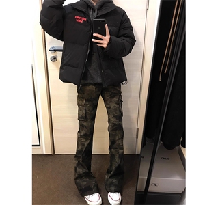 抖音得物美式复古迷彩微喇工装裤男款vibe高街裤子修身牛仔裤AK11图片