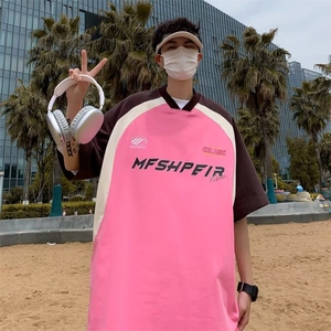 复古美式拼接撞色插肩袖polo衫男短袖夏季宽松潮牌T恤图片