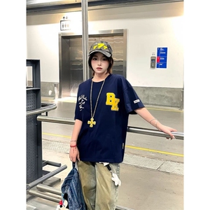 H0590-P35前后毛巾绣纯棉休闲宽松短袖T恤情侣款图片