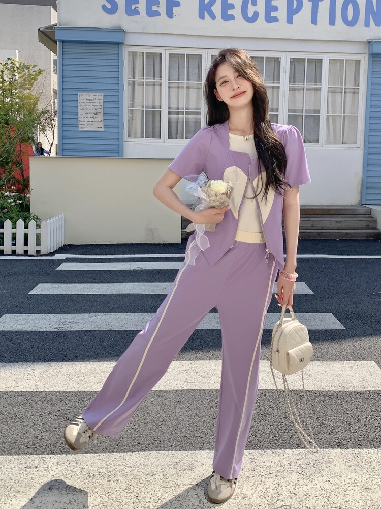 紫色短袖上衣半身裙套装女夏季2025新款时尚洋气休闲显瘦减龄穿搭,女装套装/套裙,含赞