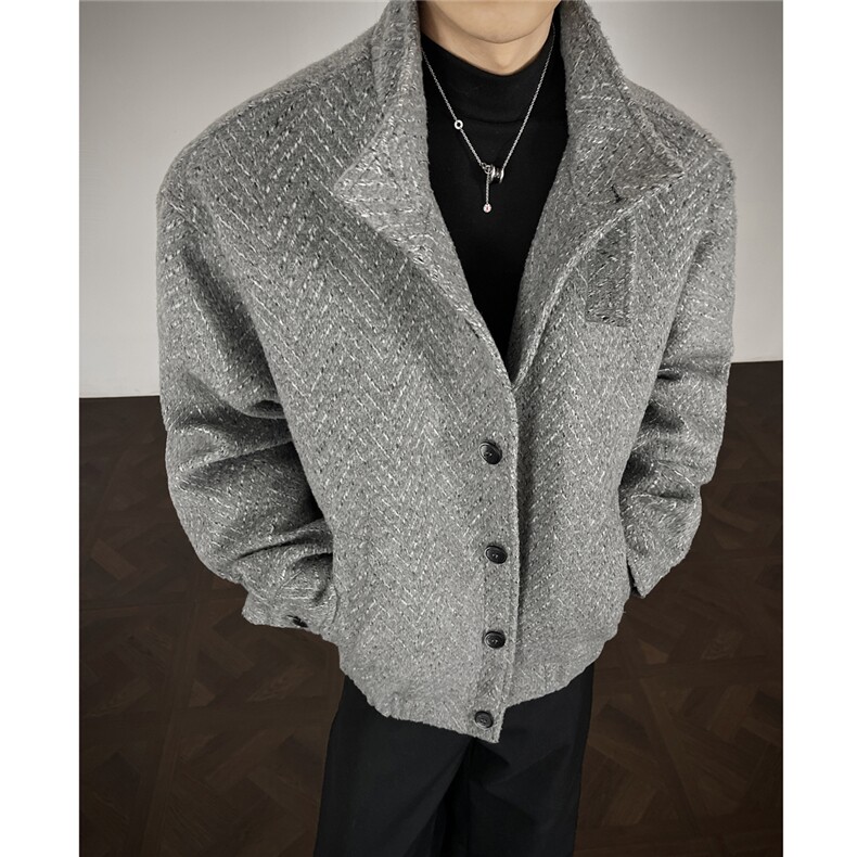 鱼骨条纹呢子内胆加棉加厚棉衣宽松立领棉服A170-N63-P118图片