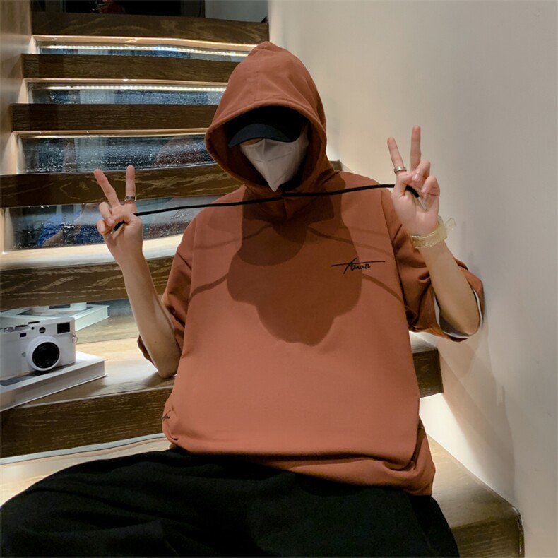 新款夏季港风宽松休闲百搭连帽刺绣短袖T恤618A-7707-P55,男装T恤,星座914-4