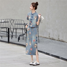 现货主推2026年夏季新款女时尚复古印花轻薄牛仔新中式两件套裙，女装套装/套裙，关键词