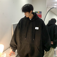 港风秋季新款麂皮绒简约小标百搭宽松连帽卫衣JK23340特批43控69，男装卫衣，星座605(原A050)