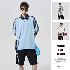 美式条纹短袖套装夏季休闲情侣T恤百搭宽松T恤A406TZ5068P65，男装T恤，星座309（原A406）