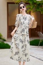 新中式国风印花套装女2025夏季新款宽松显瘦气质上衣半身裙两件套，女装套装/套裙，朵莱米