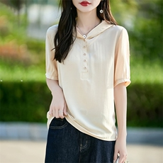 铜氨丝V领半开扣短袖帽衫，女装针织衫/毛衣，臻维羊绒