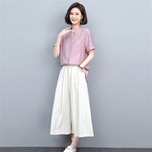 2022重工刺绣短袖衬衫女夏季新款妈妈衬衣棉麻风休闲上衣图片