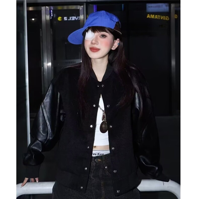 新款流行原宿简约慵懒文艺潮流日系百搭毛呢拼皮袖双层棒球服夹克，女装短外套，星座506A