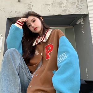 春秋新款美式复古宽松撞色外套女夹克上衣棒球服潮C453-P90图片