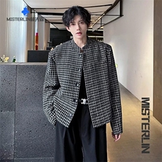 小香风短款垫肩格子外套男痞帅飞行夹克新中式西服W6647-P65，男装西服，星座412-1