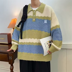 潮牌港风拼色长袖Polo衫男款美式复古宽松半纽扣毛衣MY05613-P52，男装针织衫/毛衣，星座308B-1