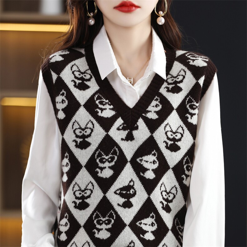 时尚气质V领无袖毛衣女针织背心韩版宽松显瘦百搭上衣，女装马甲，琳华羊绒