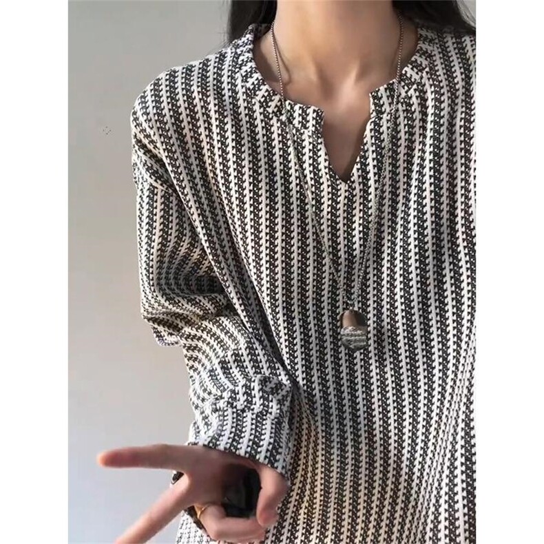 美式高街千鸟格子长袖T恤男女亨利V领英伦雅痞休闲宽松长袖打底衫，男装T恤，电商A486