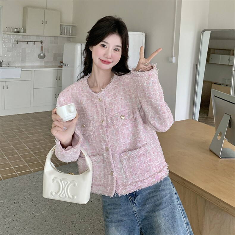 绝美气质感粉色短款小香风外套女春秋超火好看高级感小众夹克上衣,女装短外套,2D035
