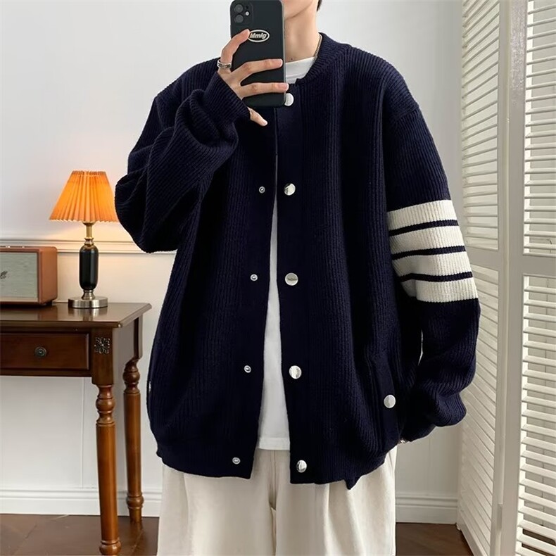 网图有货蓝色条纹开衫慵懒风灰色针织衫宽松外套男A143-P58，男装针织衫/毛衣，星座1505