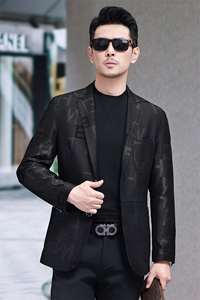 春秋款海宁皮衣男字母印花西服商务休闲男装外套绵羊皮夹克图片