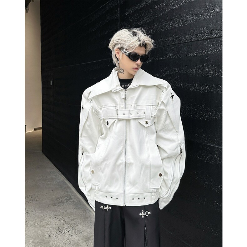 防风宽松型美式高街装饰拉链翻领皮衣落肩袖长袖春秋冬W6225-P85，男装皮衣，星座412-2