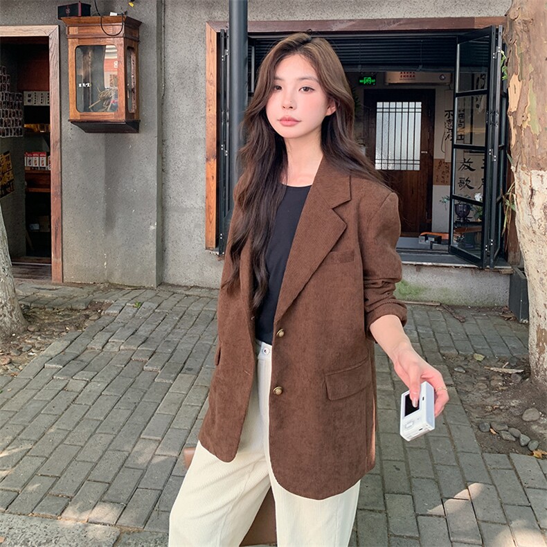 复古蒙德拉灯芯绒咖色西装外套2024春秋女高级感宽松休闲百搭上衣,女装西装,浙宝281