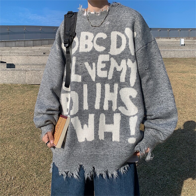 毛衣男宽松慵懒风字母破洞针织衫秋冬新款套头打底衫MY09124-P45图片