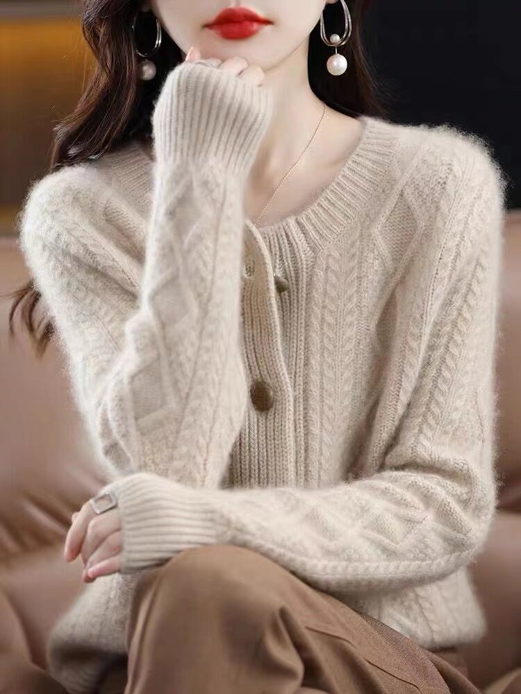 重磅100%羊毛针织开衫女圆领秋冬新款绞花加厚毛衣宽松羊绒衫外套，女装针织衫/毛衣，美轩羊绒