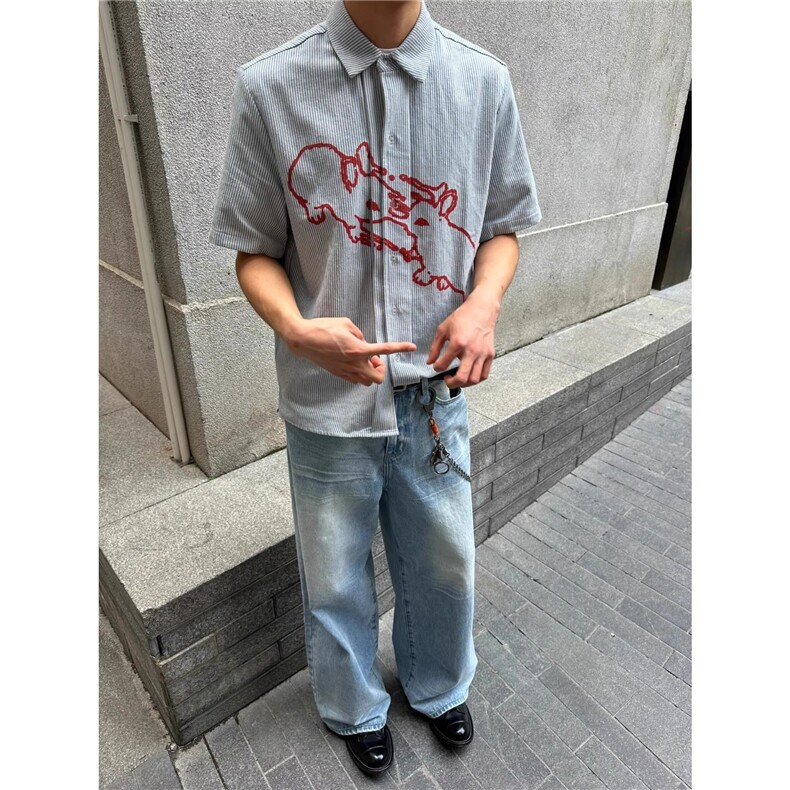 美式复古微喇裤子男设计感凌乱猫须马骝直筒宽松阔腿浅色牛仔裤男，男装牛仔裤，星座506A