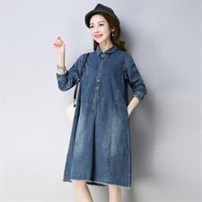 牛仔布潮流休闲时尚气质长袖排扣翻领纯色2021年春季连衣裙，女装连衣裙，小林双子