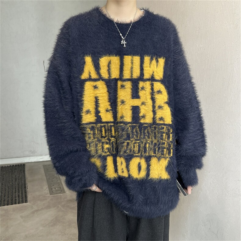 2026秋冬美式复古潮牌字母仿水貂毛男女同款休闲情侣针织衫外套,男装针织衫/毛衣,星座505-2（原电商A260-1)