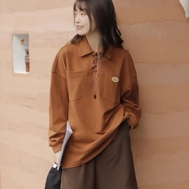 2025春季新款针织棉明线卫衣女Polo领长袖套头衫宽松休闲百搭T恤,男装卫衣,星座506A