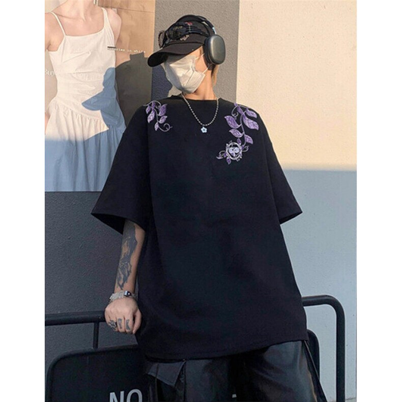 高街花卉刺绣t恤男装2025新款夏季宽松情侣款短袖上衣T8043,男装T恤,星座1116A（原606A-3）